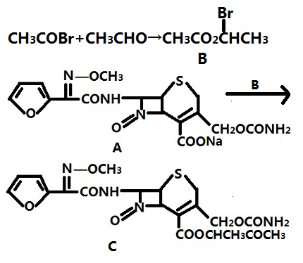 头孢呋辛钠与（R,S）－乙酸－1－溴乙酯合成合成本品的反应式